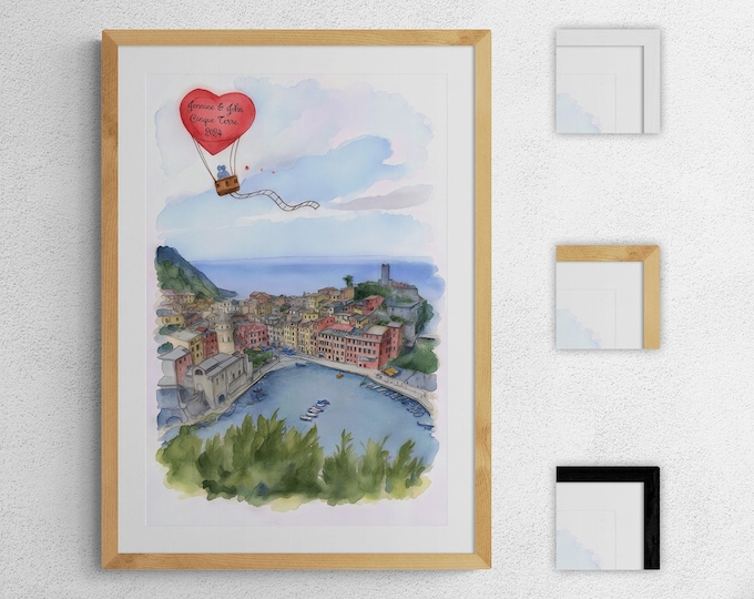 Cinque Terre Personalized Print, Italy Travel Art, Custom Travel Illustration, Romantic Wall Decor, Names & Date, Museum Quality Art Print