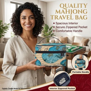 A woman is holding a travel bag with a colorful design, and there are images of the bag and a table with a game board on it.