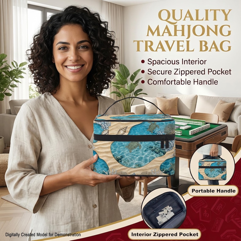A woman is holding a travel bag with a colorful design, and there are images of the bag and a table with a game board on it.