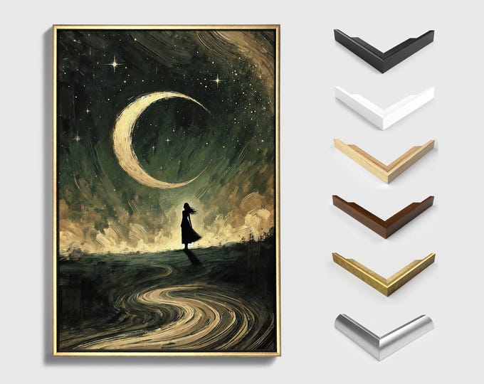 Moonlit Night Art, Silhouette Wall Art, Dreamy Sky Print, Mystical Crescent Moon Canvas, Elegant Woman Silhouette, Atmospheric Room Accent
