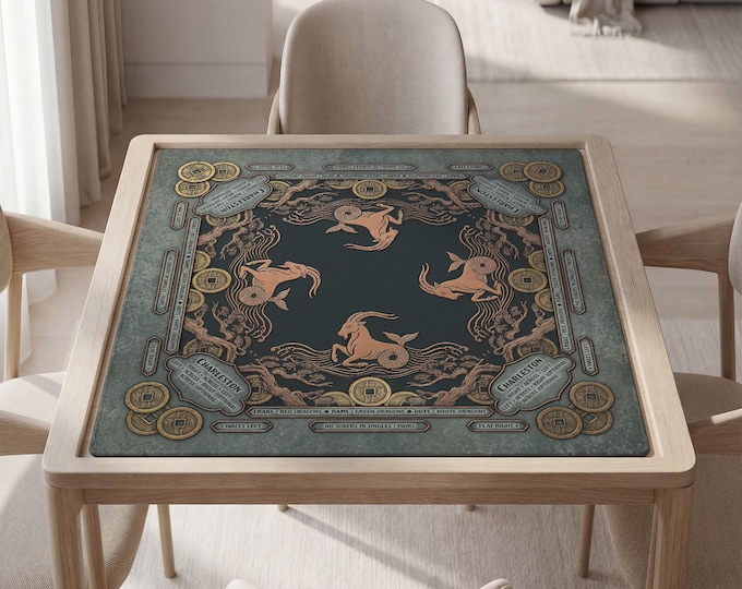 Capricorn Mahjong Mat: Personalized Zodiac Design in Gold & Teal, Bag Included