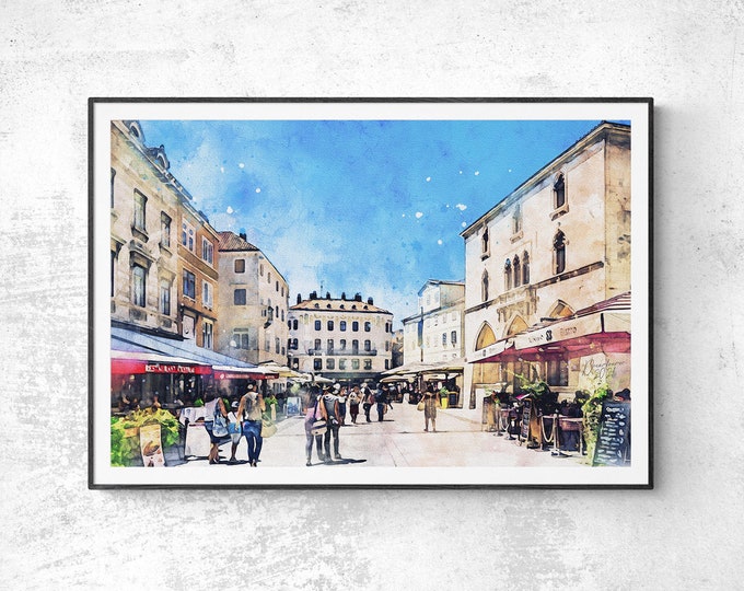 People's Square in Split Watercolor Print Croatia Art Premium Quality Travel Poster Artful Wall Decor Unframed Wall Art