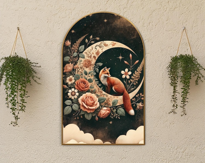 Dark Cottagecore Fox Canvas Print, Moonlit Floral Arch, Whimsical Woodland Decor, Rustic Aesthetic Wall Art, Magical Boho Accent for Home