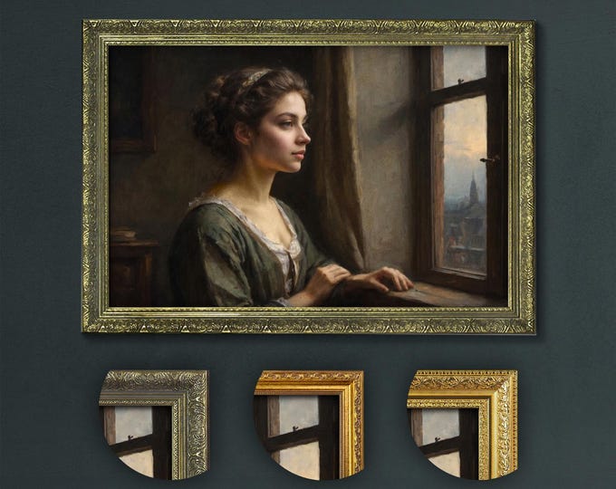 Woman at Window Art Print: Dark Academia, Vintage Elegance Decor