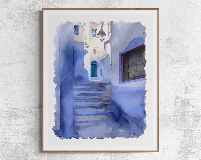 Artful Morocco Print, Moroccan Wall Art, Moroccan Blue City Chaouen Poster, Custom Personalized Artful Gift for Art Lovers, Unframed Print