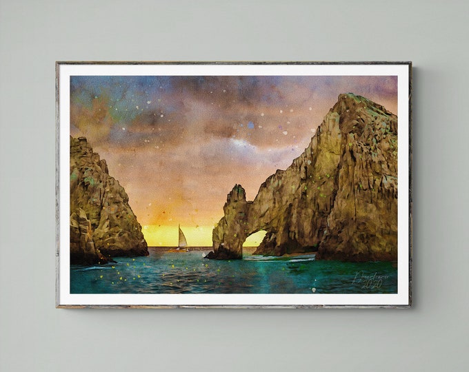 Arch of Cabo San Lucas Watercolor Print Mexico Art Premium Quality Travel Poster Artful Wall Decor Unframed Wall Art