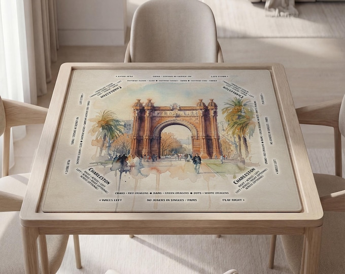 Personalized Mahjong Mat – Elegant Watercolor Barcelona Design, Bag Included