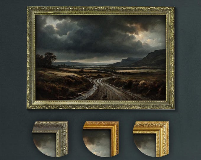 Stormy Autumn Road Art, Dark Academia Wall Decor, Rustic Countryside Print, Dramatic Cloudy Sky Artwork, Vintage Style Nature Scene