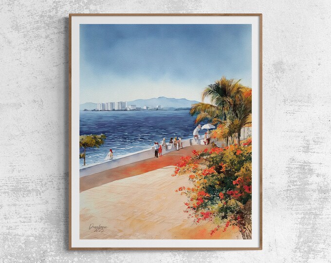 Puerto Vallarta Malecon Watercolor Print Mexico Art Premium Quality Travel Poster Artful Wall Decor Unframed Wall Art