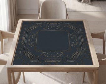 Custom Mahjong Mat, Navy Floral, Rules Guide, Polyester, Non-Slip