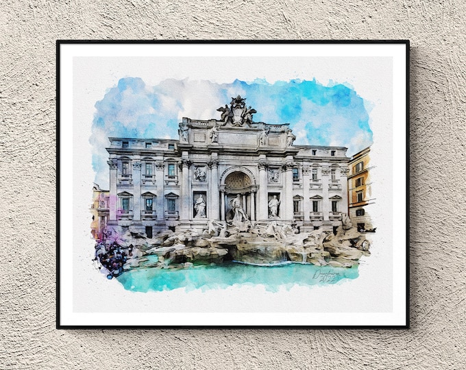 Trevi Fountain in Rome Watercolor Print Italy Art Premium Quality Travel Poster Artful Wall Decor Unframed Wall Art