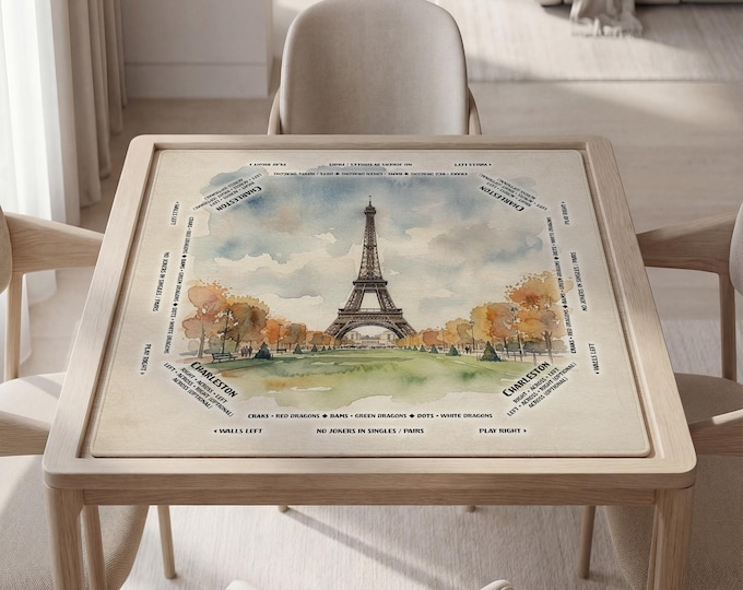 Personalized Mahjong Mat with Instructions (Rules), Elegant Paris Watercolor Art