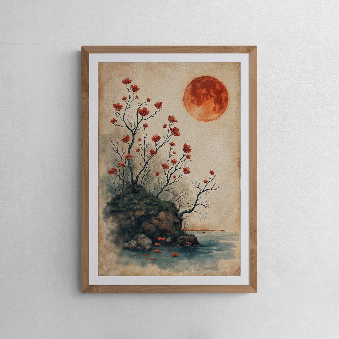 Wabi Sabi Art Print: Japanese Landscape With Red Full Moon - Etsy