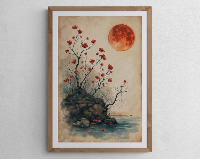 Wabi Sabi Art Print: Japanese Landscape with Red Full Moon