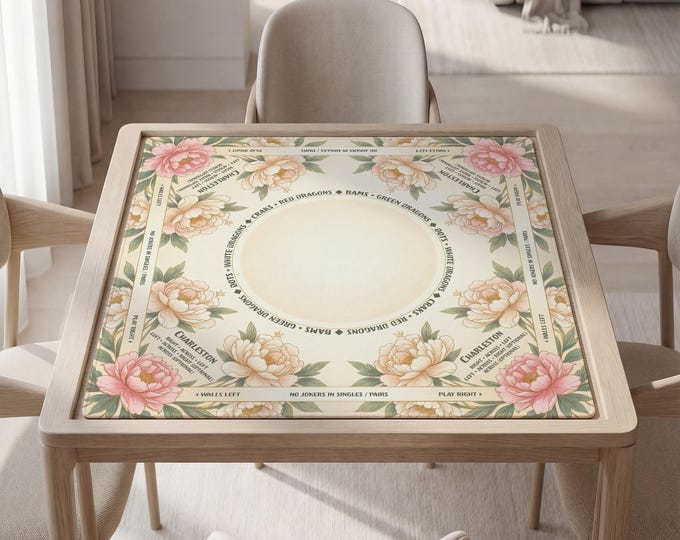 Personalized Mahjong Table Mat with Instructions (Rules): Peony Floral Design