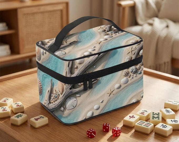Coastal Beach Mahjong Travel Bag Seashell Starfish Theme Zippered Case for Game Set