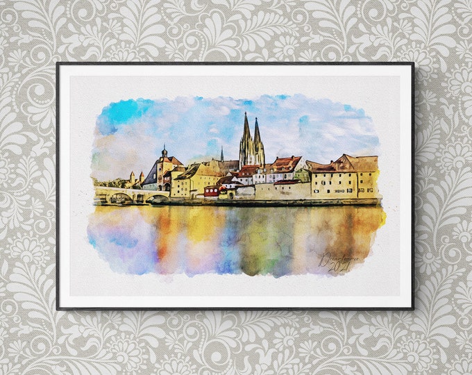 Regensburg Watercolor Print Germany Art Premium Quality Travel Poster Artful Wall Decor Unframed Wall Art