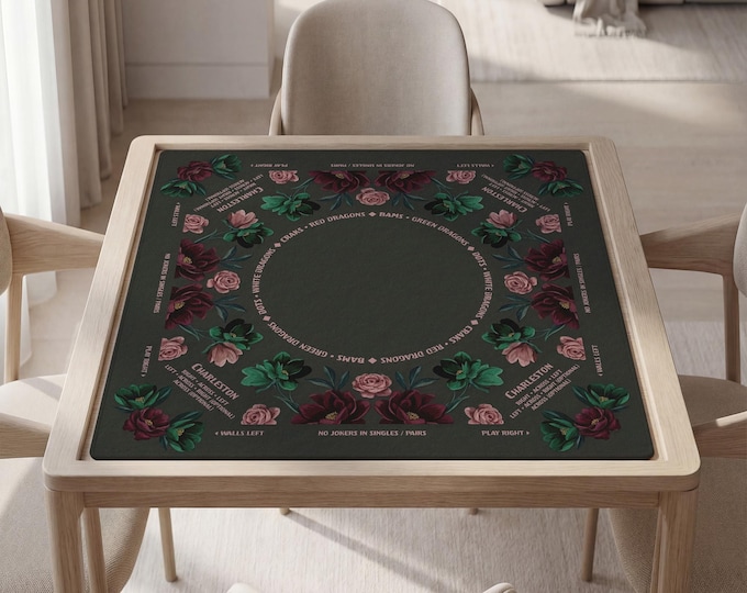 Fully Personalized Mahjong Mat with Instructions and Carry Bag, Dark Floral Design