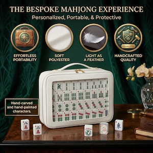 The image is an advertisement for a bespoke mahjong experience, highlighting its personalized, portable, and protective features.
