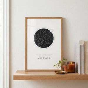 May include: A framed vertical print featuring a circular black star map with constellations and a crescent moon. Below the circle, the text reads: UNDER THESE STARS WE SAID "I DO", Jane & John, APRIL 15, 2016, LOS ANGELES, CA. The print is in a light wood frame.