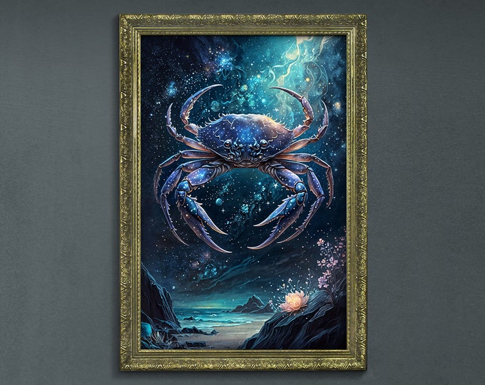Moody Dark Wall Art, Zodiac Sign Cancer, Celestial Dark Academia Decor, Spiritual Decor, Moody Horoscope Wall Art, Dark Moody Fantasy Art