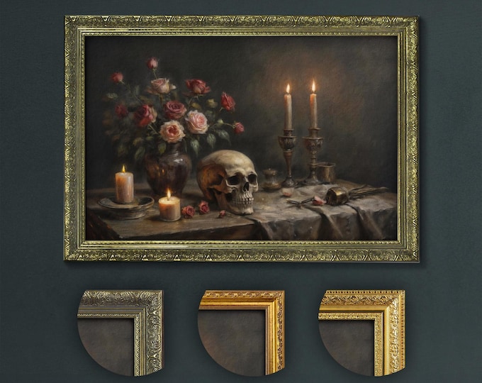 Elegant Skull and Roses Still Life, Dark Academia Gothic Art Print, Romantic Victorian Decor, Antique Inspired Skull with Candles Artwork