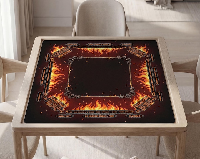 Masculine Mahjong Mat with Instructions - Fire Design, Personalized Text and Image, Bag Included