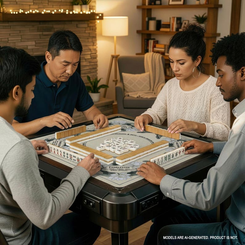 A group of four people are playing a game on a large, square game board with wooden pieces. They are seated around a table, focused on the game.