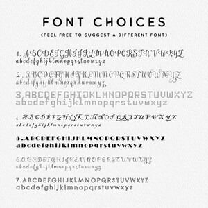 a collection of various font choices, including different styles and lettering, with the text "Font choices (feel free to suggest a different font)" at the top.