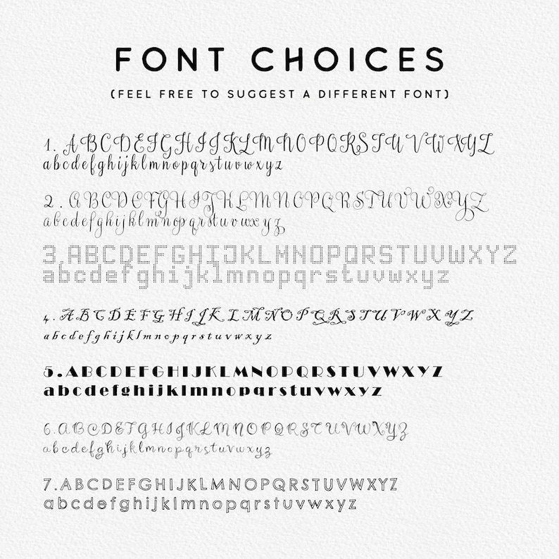 a collection of various font choices, including different styles and lettering, with the text "Font choices (feel free to suggest a different font)" at the top.
