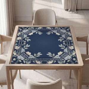 Personalized Mahjong Mat, Navy Floral Design, Soft Polyester, Non-Slip Rubber, 31 Inch Square