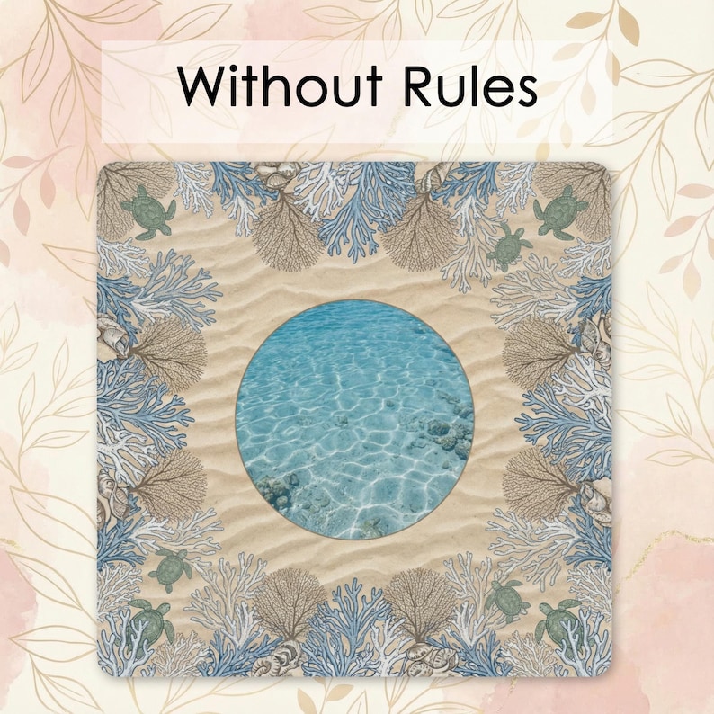 a square frame with a circular opening in the center, surrounded by a pattern of blue and white sea plants and a sandy beach.