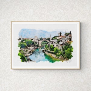 Mostar Watercolor Print Bosnia & Herzegovina Art Premium Quality Travel Poster Artful Wall Decor Unframed Wall Art