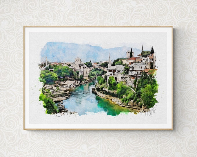 Mostar Watercolor Print Bosnia & Herzegovina Art Premium Quality Travel Poster Artful Wall Decor Unframed Wall Art