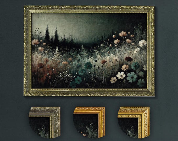 Moody Flower Field Wall Art, Dark Academia Print, Vintage Botanical Scene, Ethereal Meadow Artwork, Gothic Floral Decor, Mystical Home Art