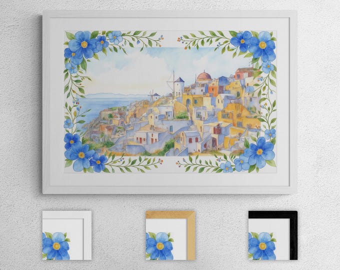 Santorini Watercolor Print, Greece Wall Art, Coastal Village Painting, Romantic Mediterranean Decor, Framed or Unframed, Travel Gift Idea