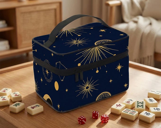 Mahjong Storage Bag - Celestial Navy Blue with Gold Accents
