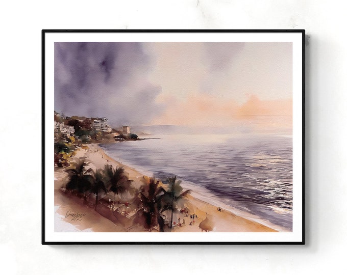 Puerto Vallarta Beach Watercolor Print Jalisco Mexico Art Premium Quality Travel Poster Artful Wall Decor Unframed Wall Art