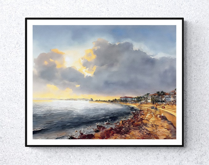 Puerto Vallarta Malecon Watercolor Print Mexico Art Premium Quality Travel Poster Artful Wall Decor Unframed Wall Art