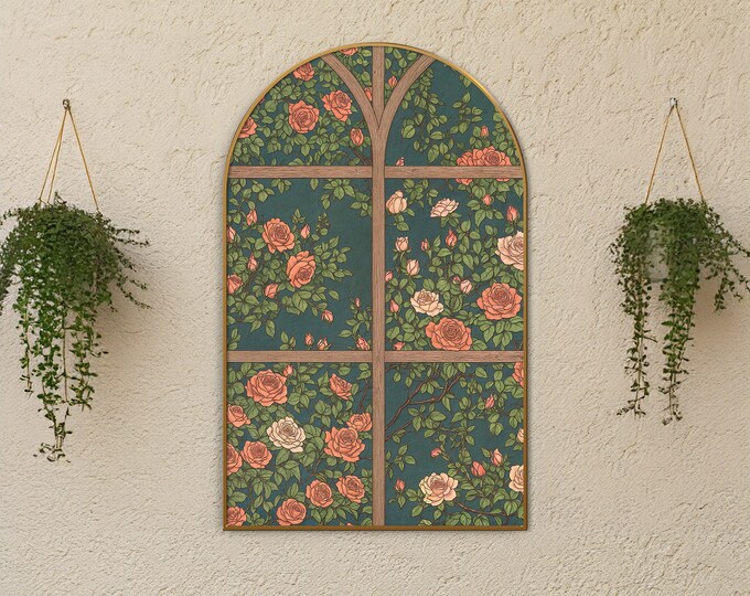 Arched Rose Garden Window Canvas Art, Floral Wall Decor, Romantic Rose Artwork Print, Botanical Home Decoration, Vintage Style Flower Art