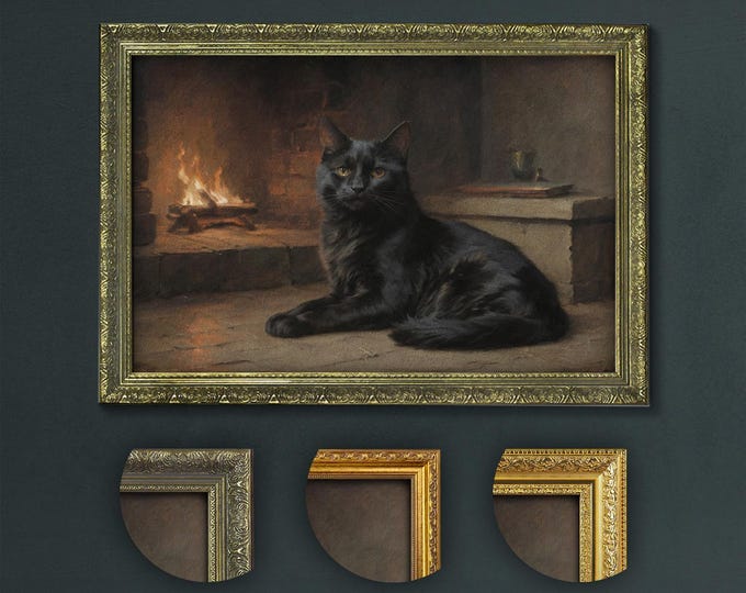 Black Cat Lounging by Fireplace, Elegant Feline Art Print, Dark Academia Home Decor, Classic Animal Portrait, Cozy Interior Wall Art