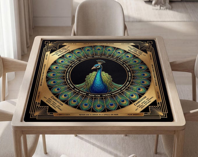Mahjong Playing Mat: Elegant Peacock Design (Custom Text & Carry Bag)