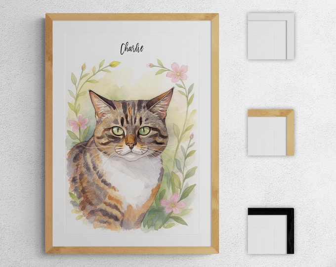 Custom Watercolor Pet Portrait, Framed Cat or Dog Wall Art, Personalized Pet Painting, Gift for Pet Lovers, Personalized Pet Memorial Gift