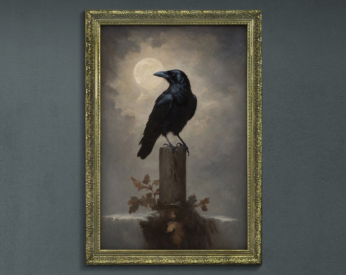 Moody Dark Wall Art, Raven & Moon, Dark Academia Decor, Rustic Dark Cottagecore Decor, Moody Cottagecore Wall Art, Dark Moody Retro Wall Art