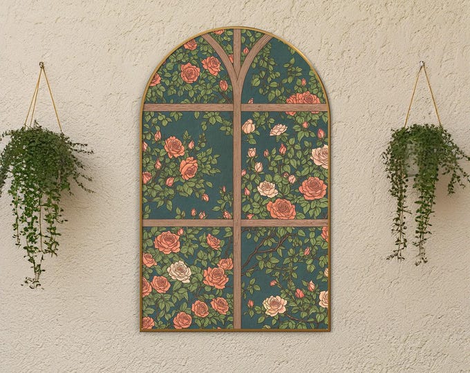 Arched Rose Garden Window Canvas Art: Vintage Floral Print