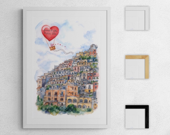 Positano Art Print, Personalized Italy Art, Dreamy Coastal Decor, Museum Quality Paper, Honeymoon Wall Hanging, Custom Wedding Gift Idea
