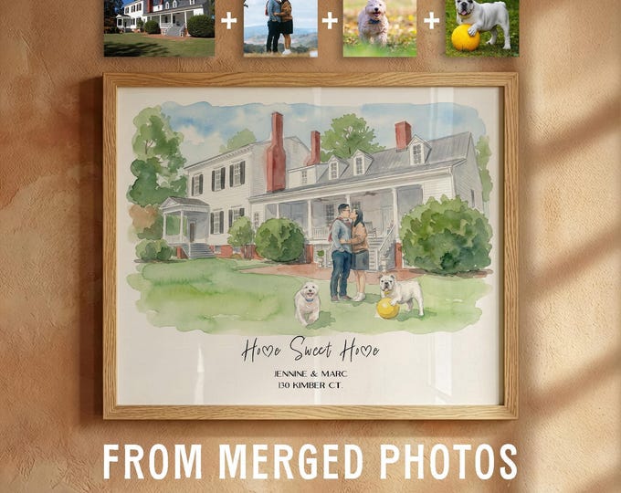 House Portrait Digital Art: Personalized Watercolor - Includes Owner and Pets