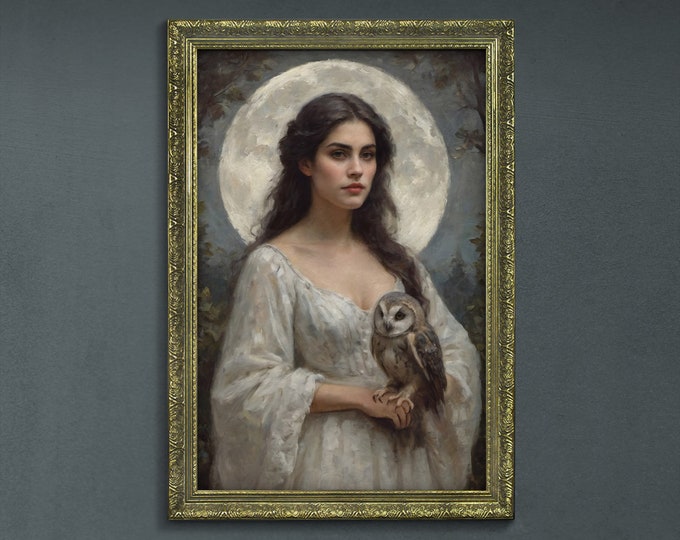 Moody Dark Wall Art, Woman and Owl Dark Academia Decor, Rustic Cottagecore Decor, Moody Cottagecore Wall Art, Dark Moody Framed Retro Art