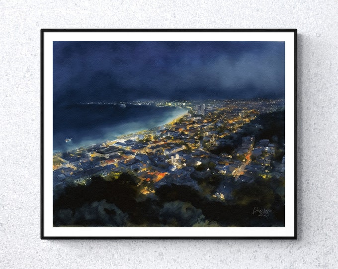 Puerto Vallarta at Night Watercolor Print Jalisco Mexico Art Premium Quality Travel Poster Artful Wall Decor Unframed Wall Art