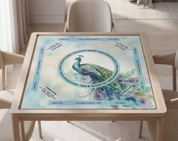 Peacock Mahjong Mat with Instructions (Rules), Personalized Game Surface